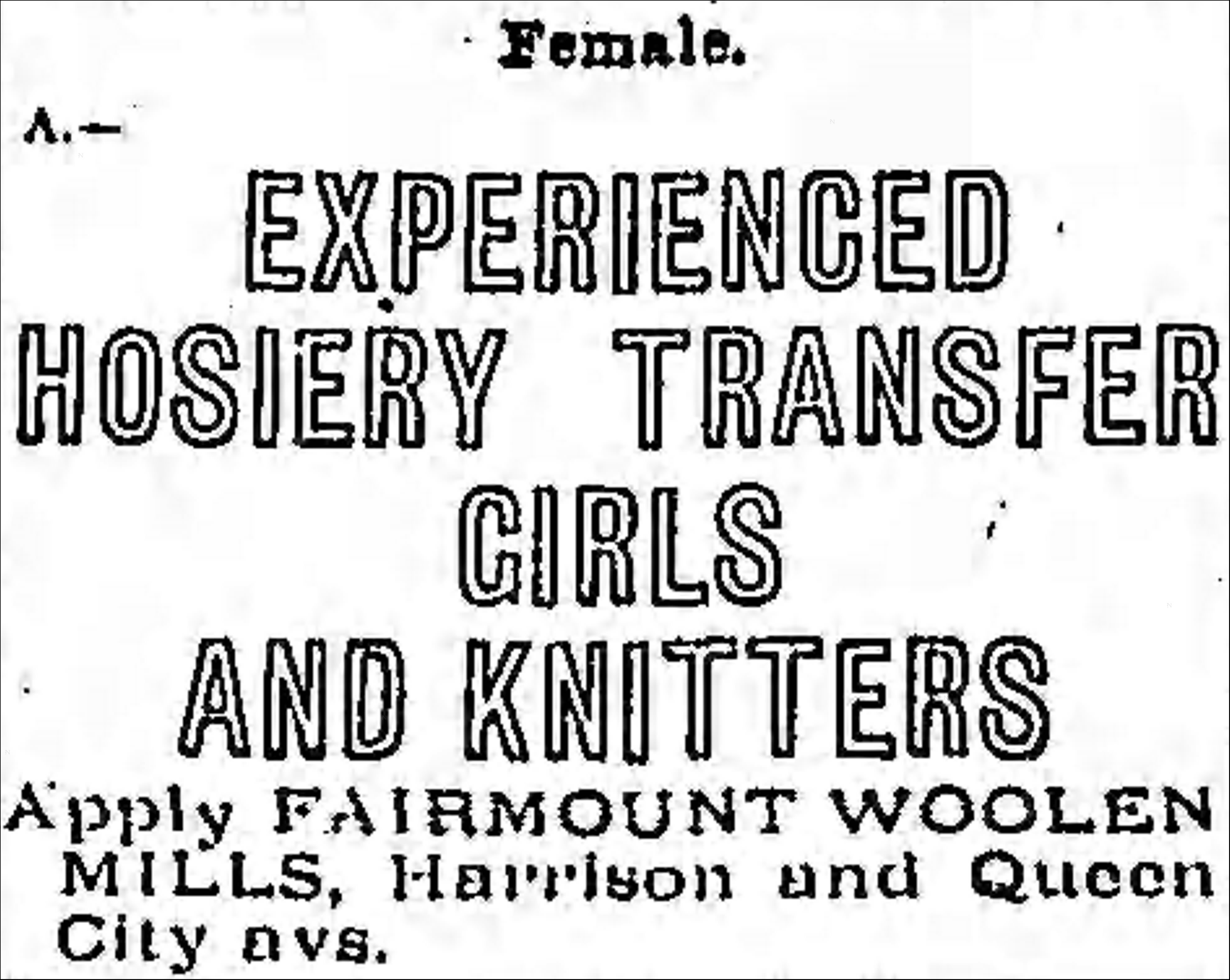 1915 ad for Fairmount Woolen Mills