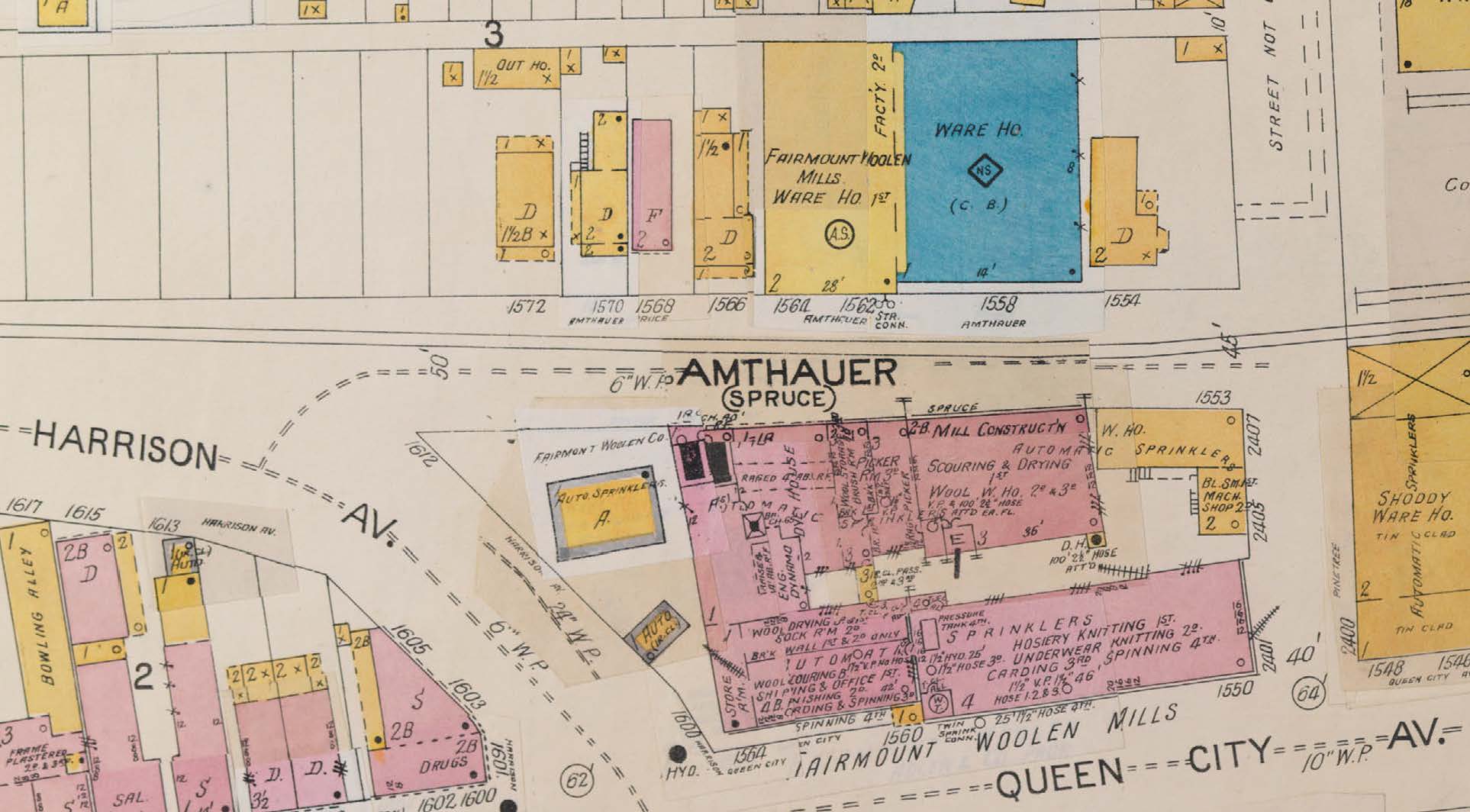 1904 Sanborn map of the Adler Co at the NE corner of Harrison and Queen City Avenue